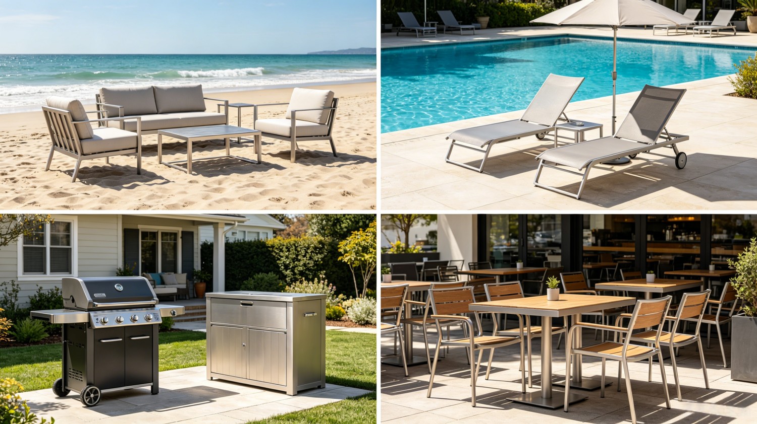 Furnitur Luar Ruangan (Meja dan Kursi Aluminium/Besi/Stainless Steel, Keranjang Gantung)